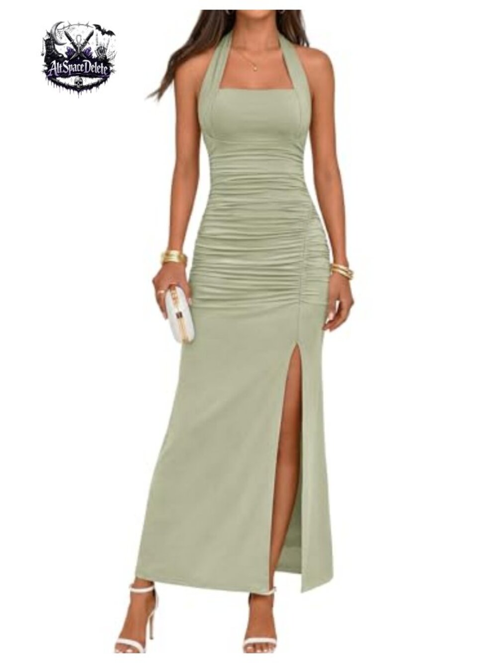 Sleeveless Halter Backless Maxi Dress Side Slit Ruched Wedding Guest